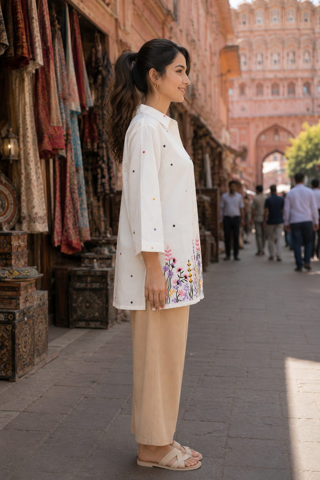 Floral Embroidered Longline Shirt-white