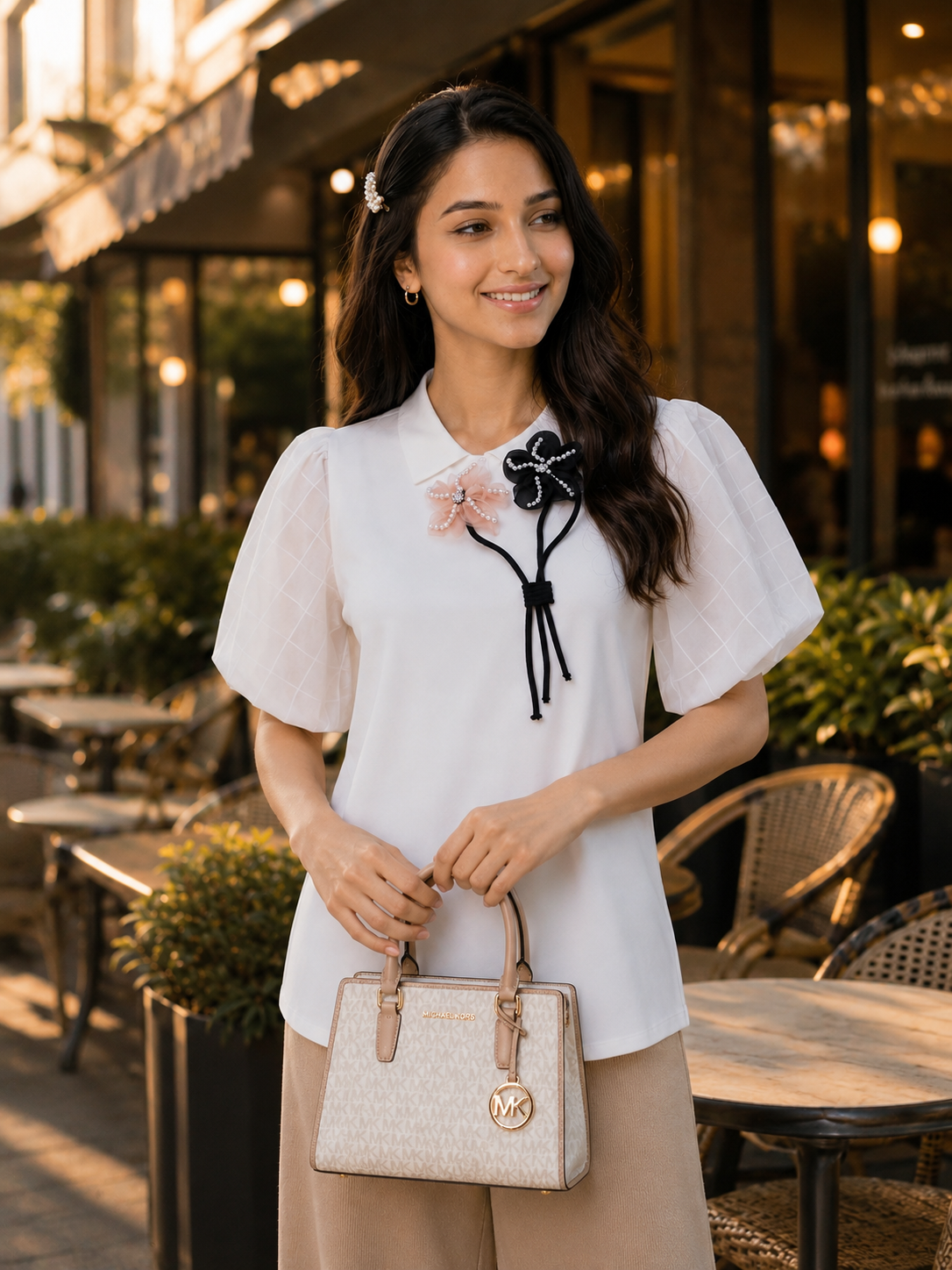 Floral Appliqué Puff Sleeve Top