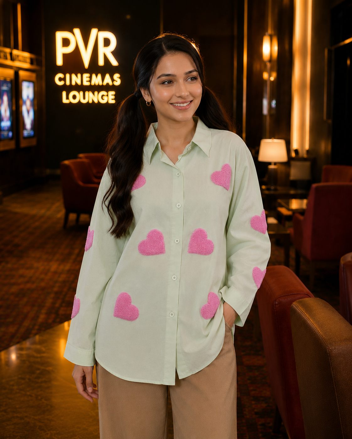 Heart Patch Oversized Casual Shirt - Green