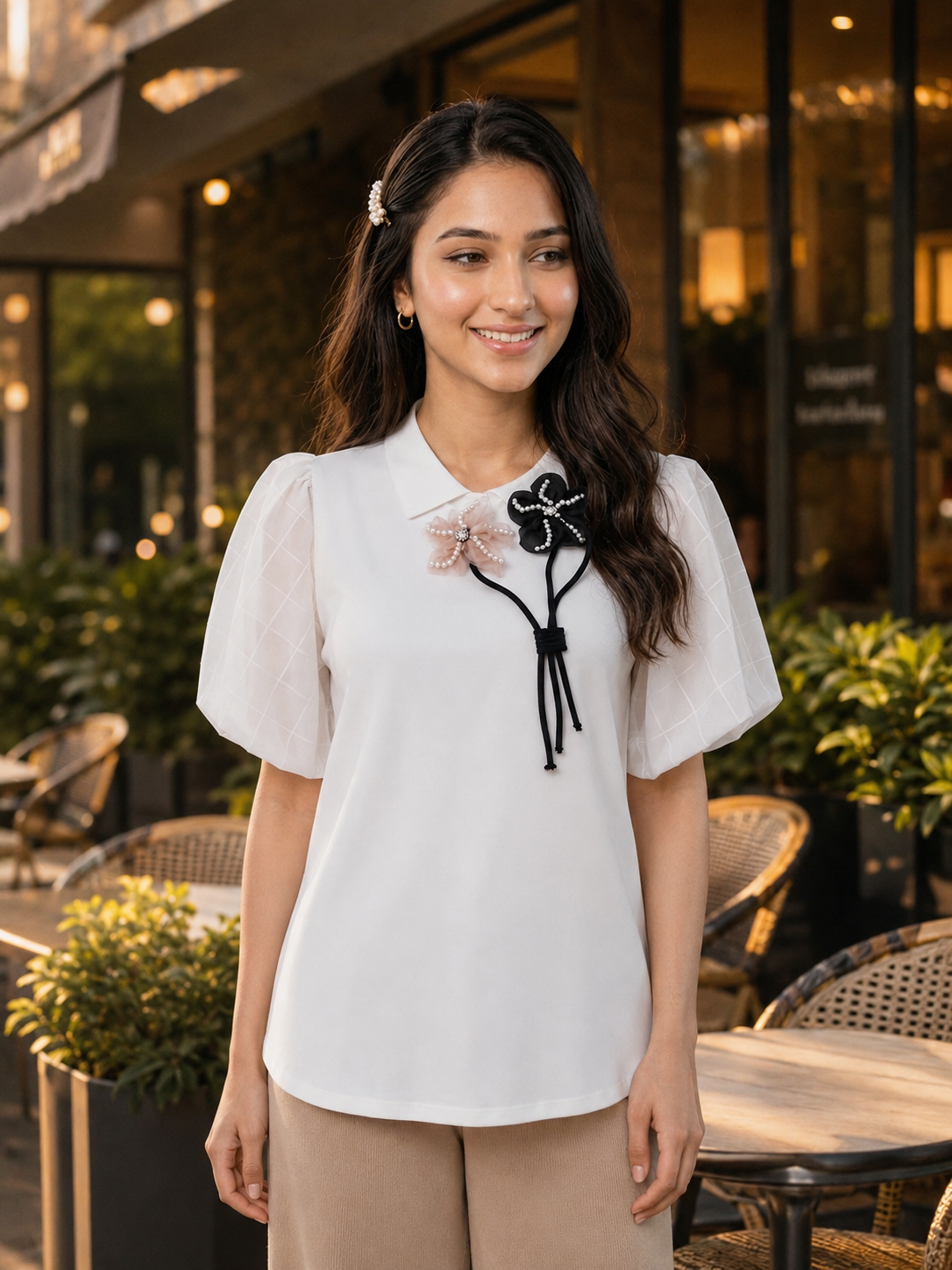 Floral Appliqué Puff Sleeve Top