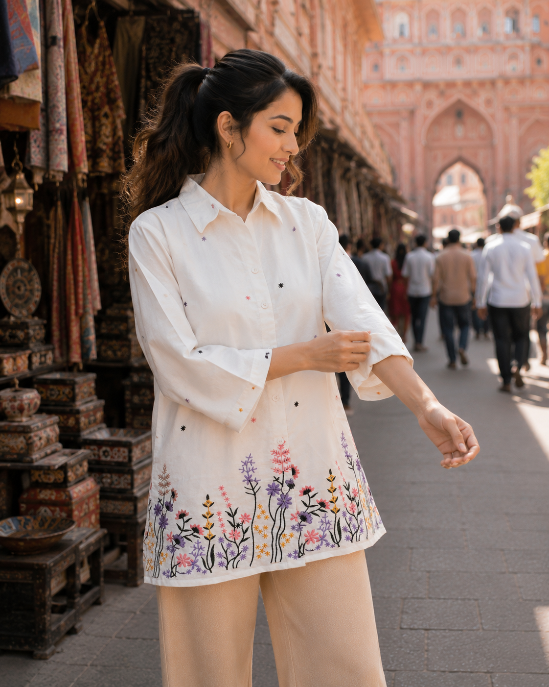 Floral Embroidered Longline Shirt-white