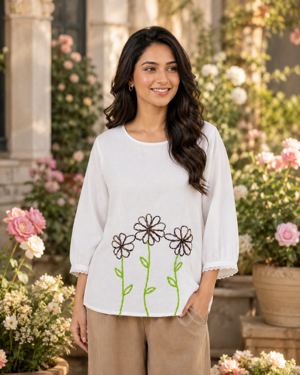 Ivory Bloom Embroidered Top - white