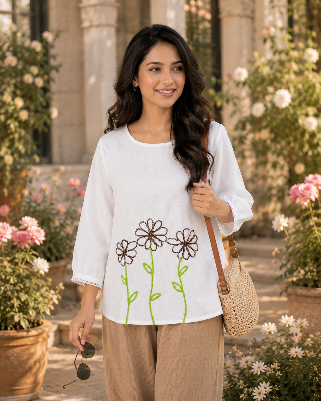 Ivory Bloom Embroidered Top - white