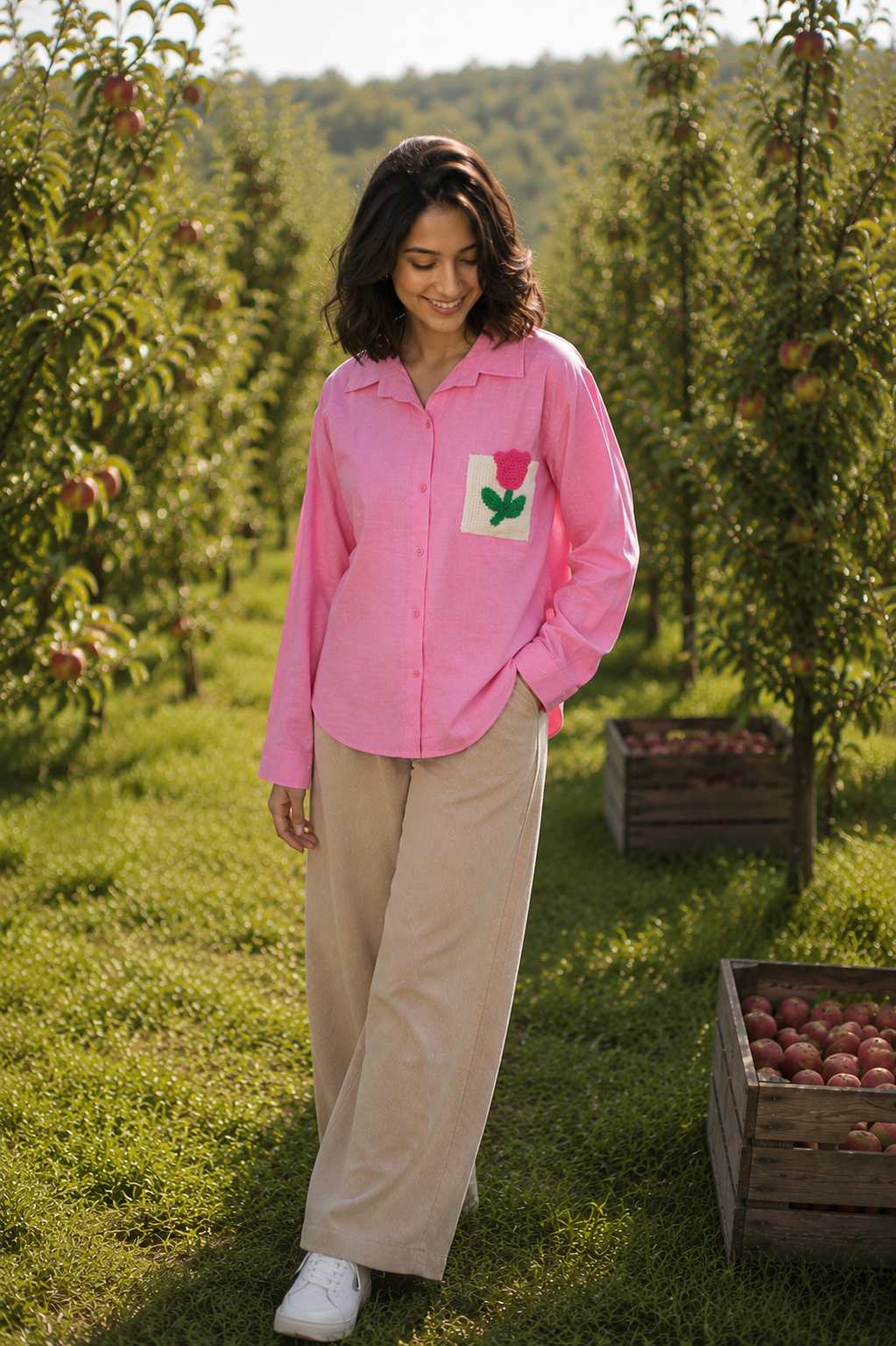 Floral Patch Pocket Casual Shirt - pink