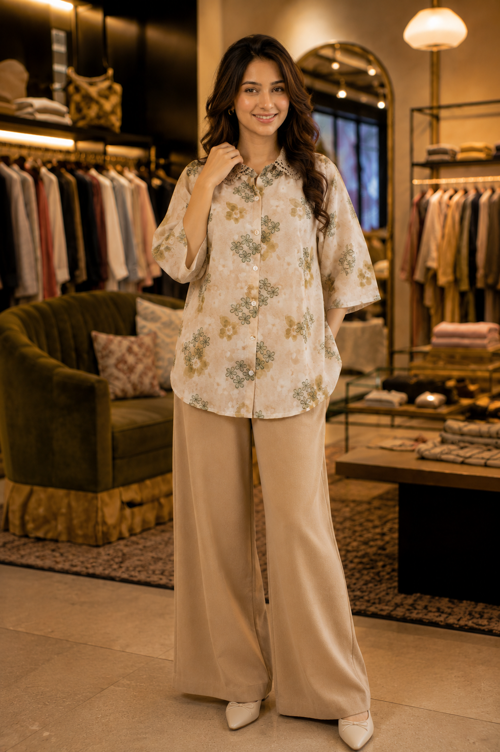 Bloom Lace Collar Shirt -olive green