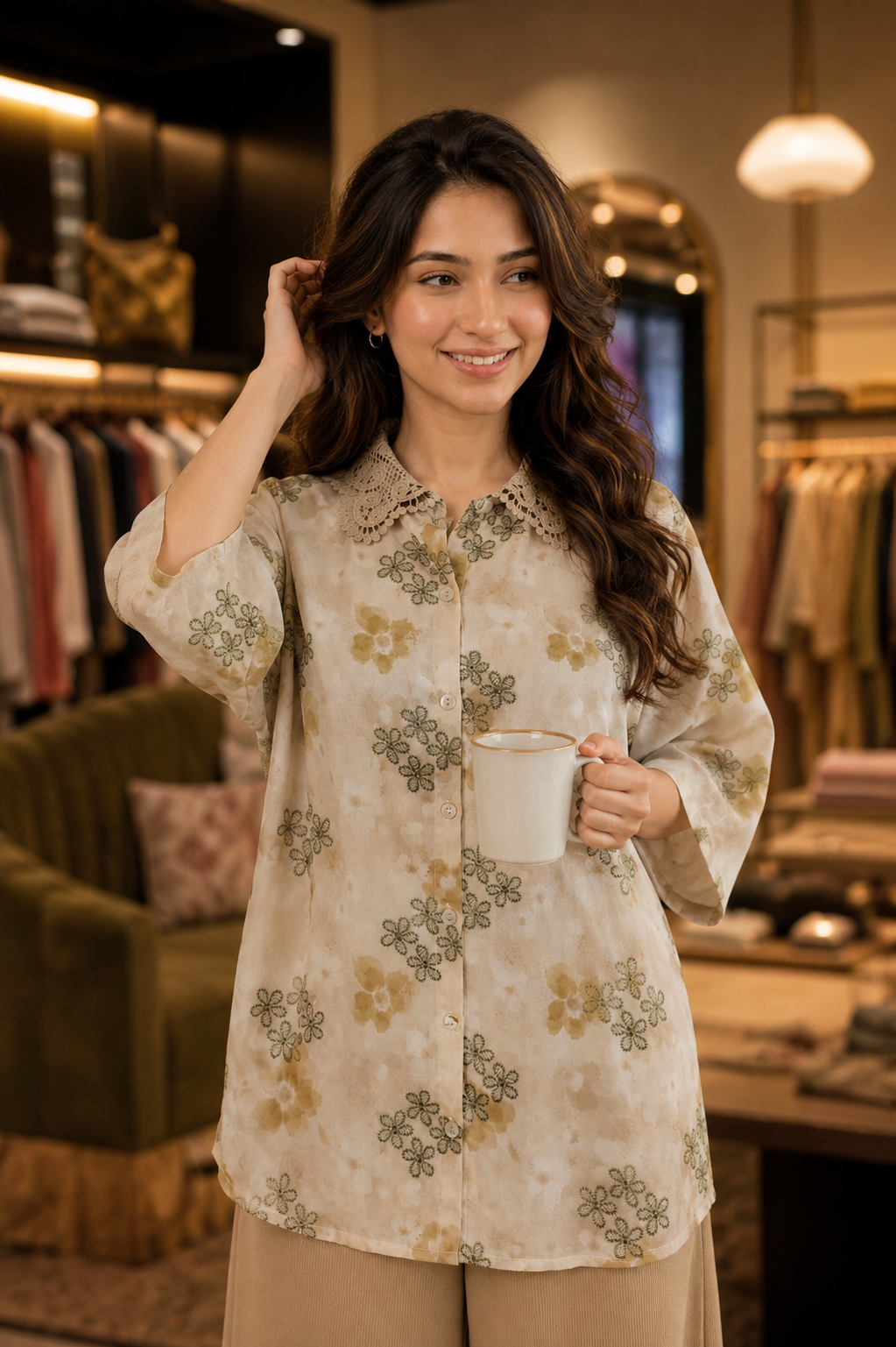 Bloom Lace Collar Shirt -olive green