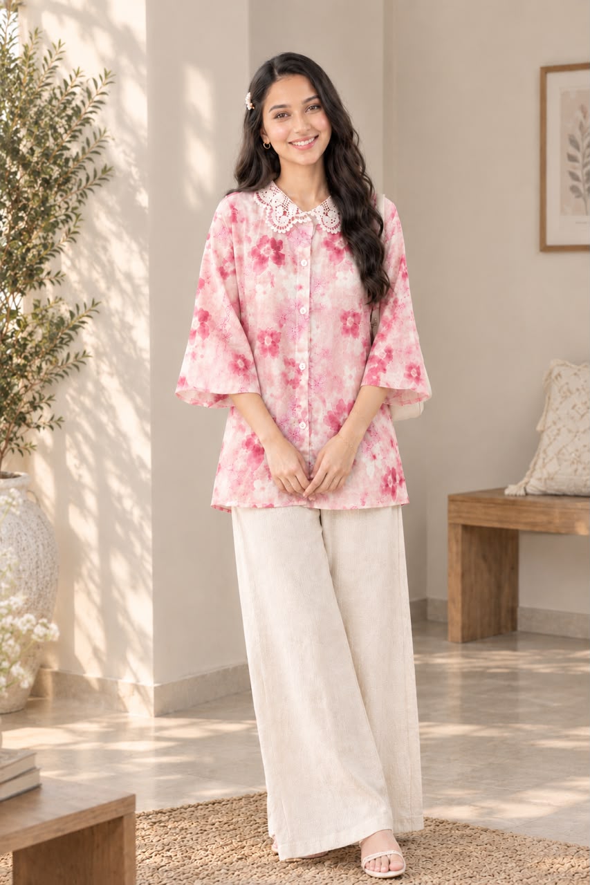 Pink and white floral printed women’s top