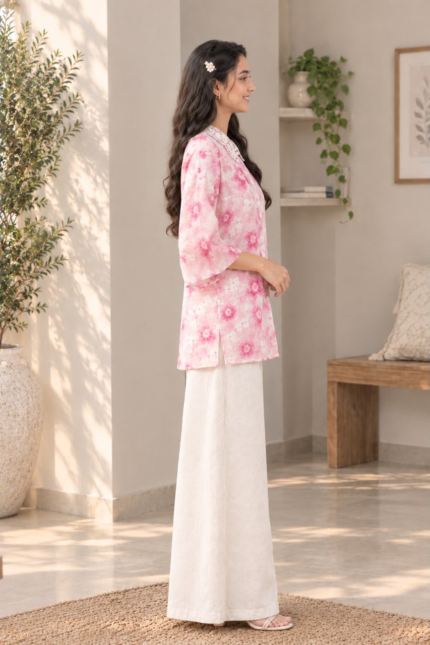 Pink and white floral printed women’s top