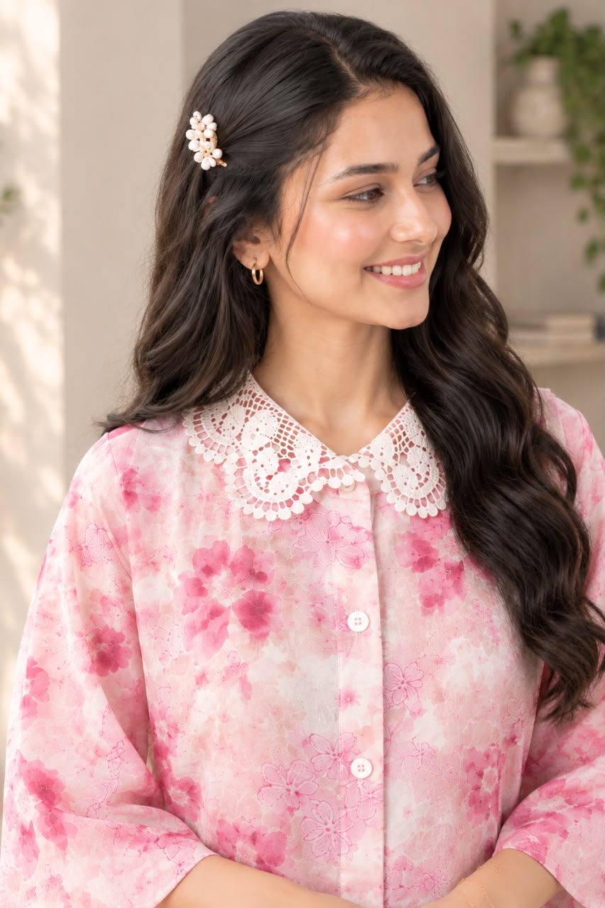 Pink and white floral printed women’s top