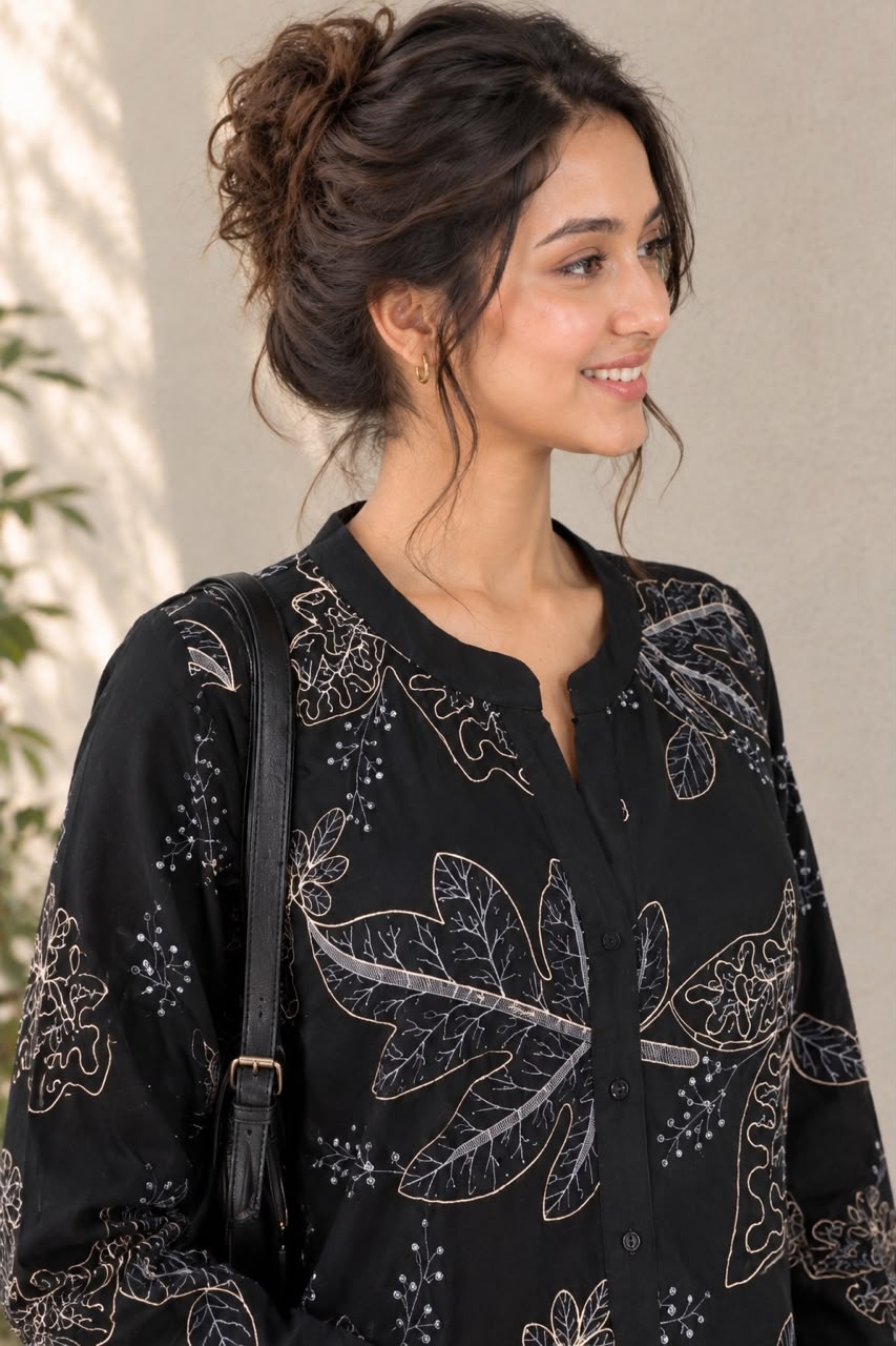Black Botanical Print Tunic Top for Women