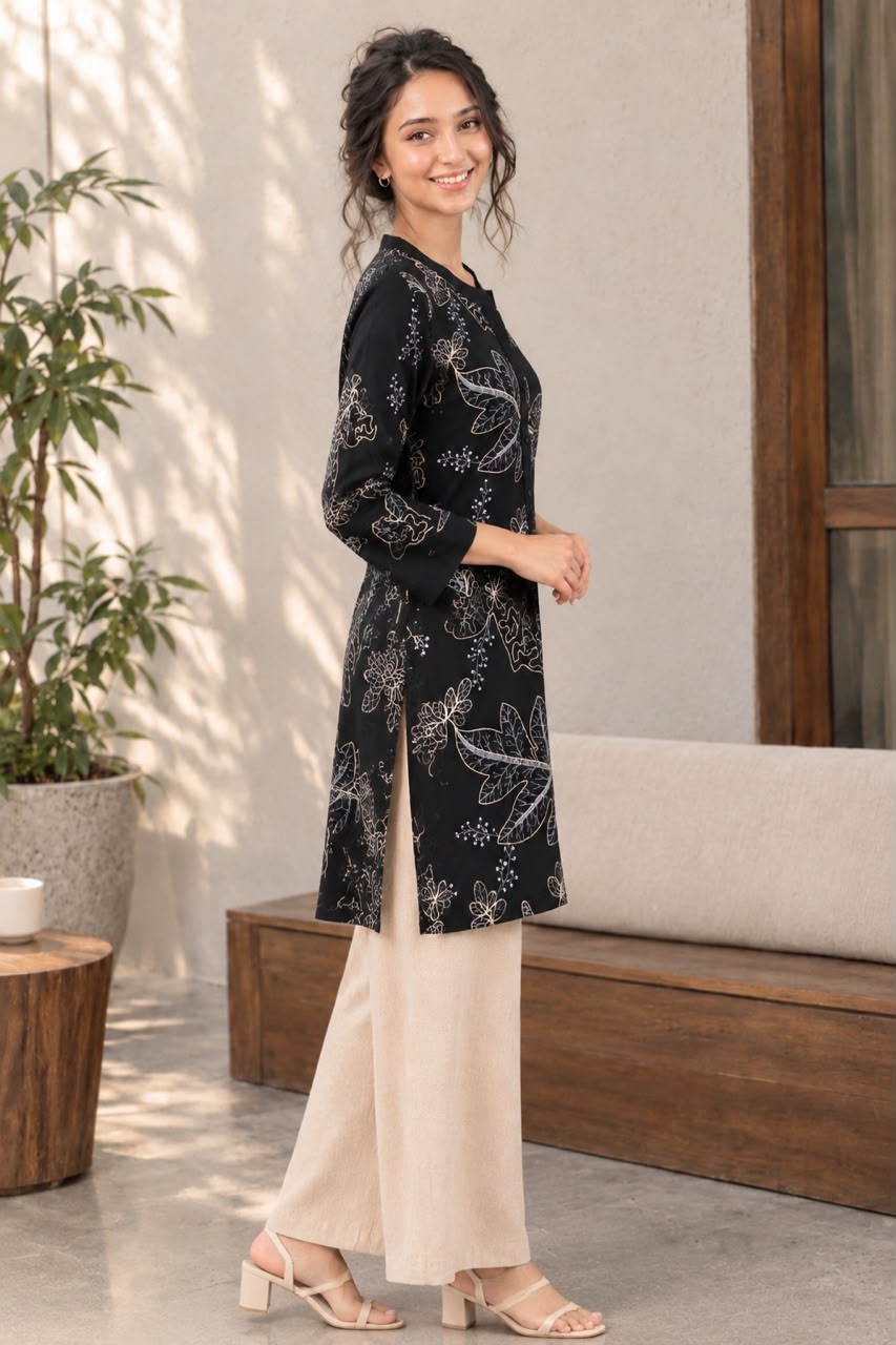 Black Botanical Print Tunic Top for Women
