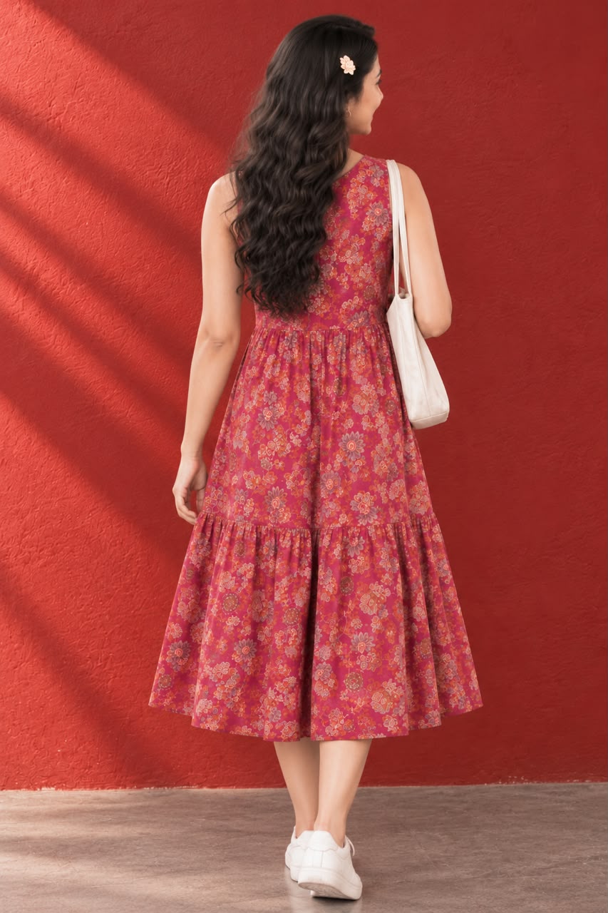 Woman wearing a floral tiered midi dress with sneakers and a shoulder bag.