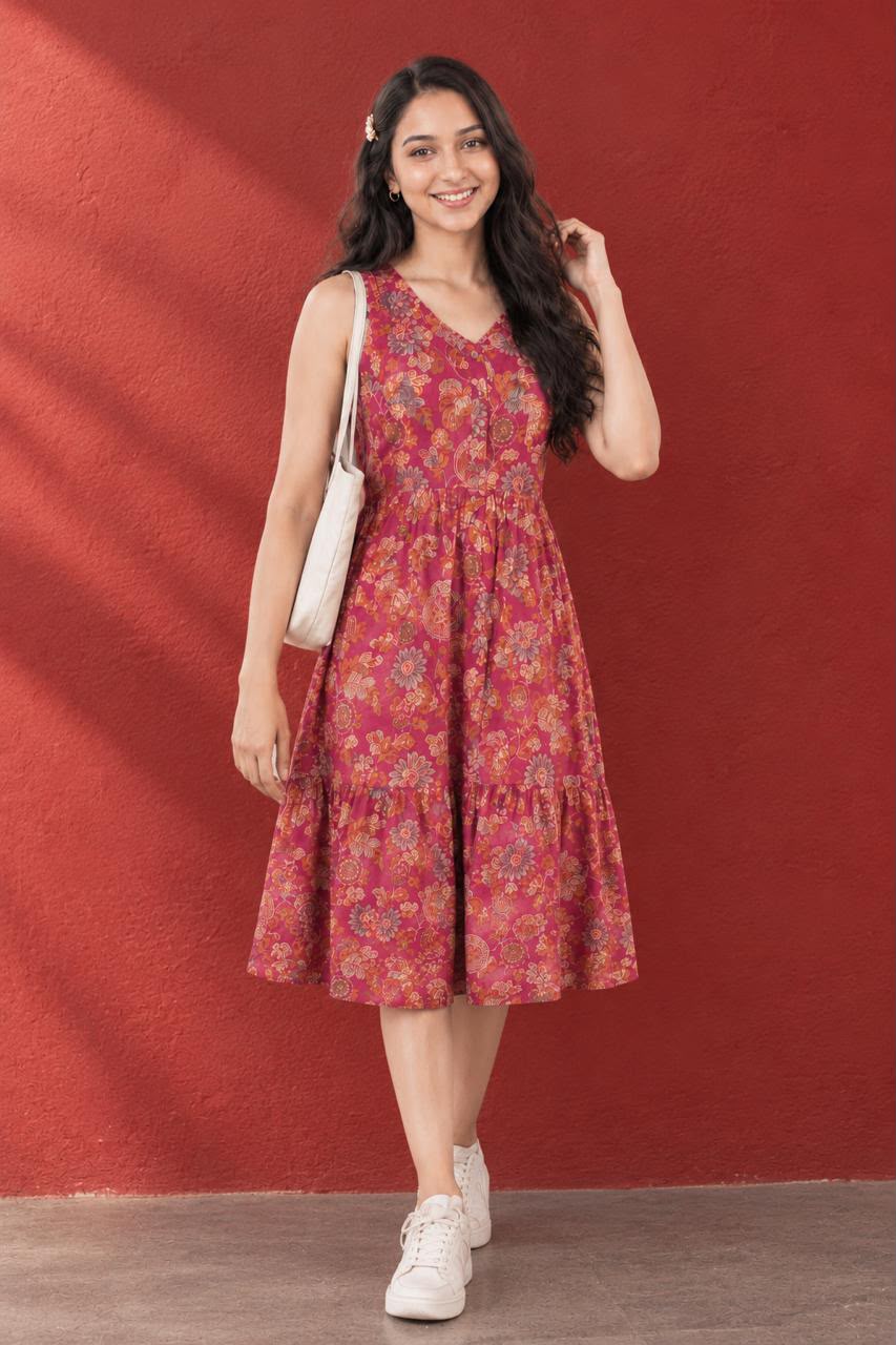 Woman wearing a floral tiered midi dress with sneakers and a shoulder bag.