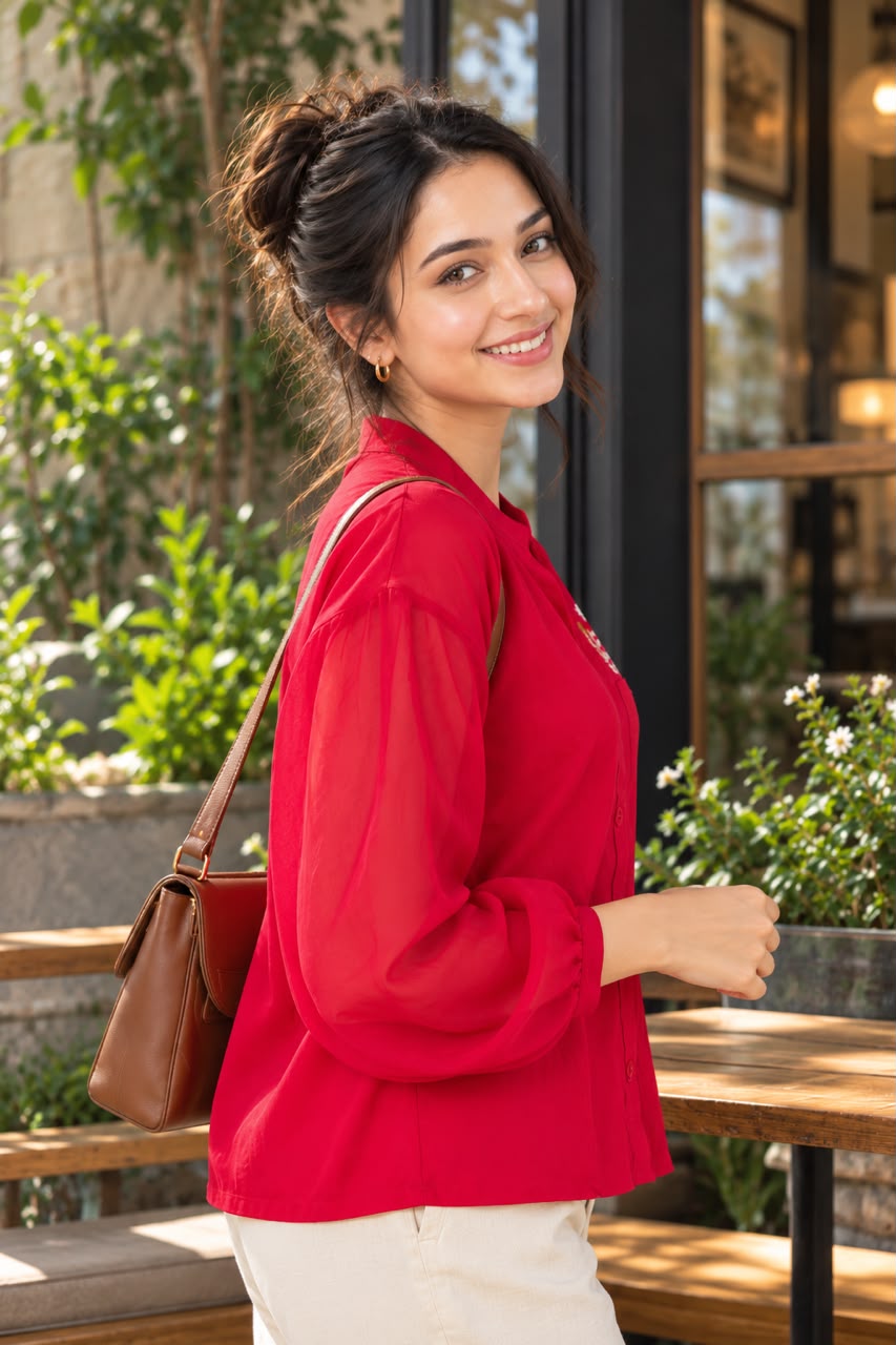 Woman wearing an embroidered women's shirt with sheer puff sleeves and a button-down front