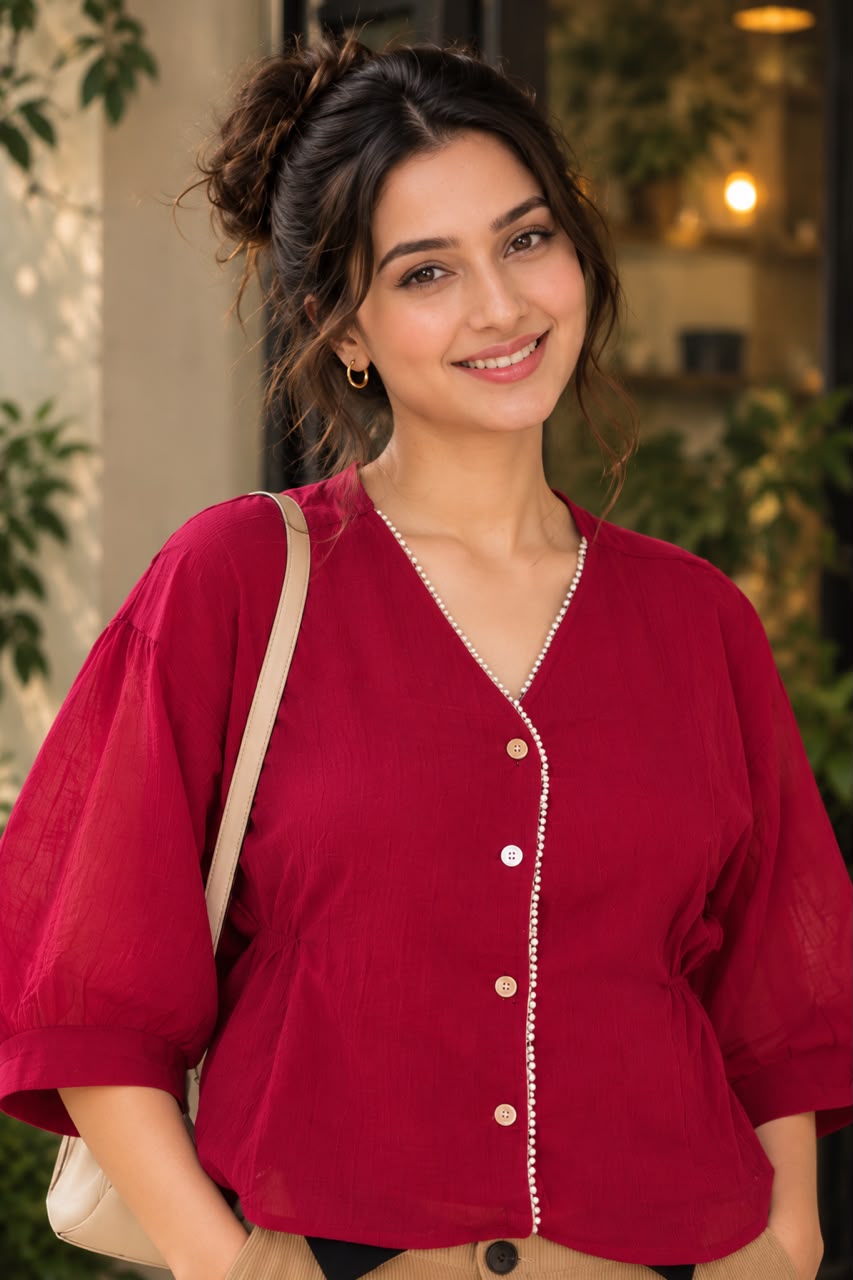 Woman wearing a pearl-trim V-neck top with puff sleeves.