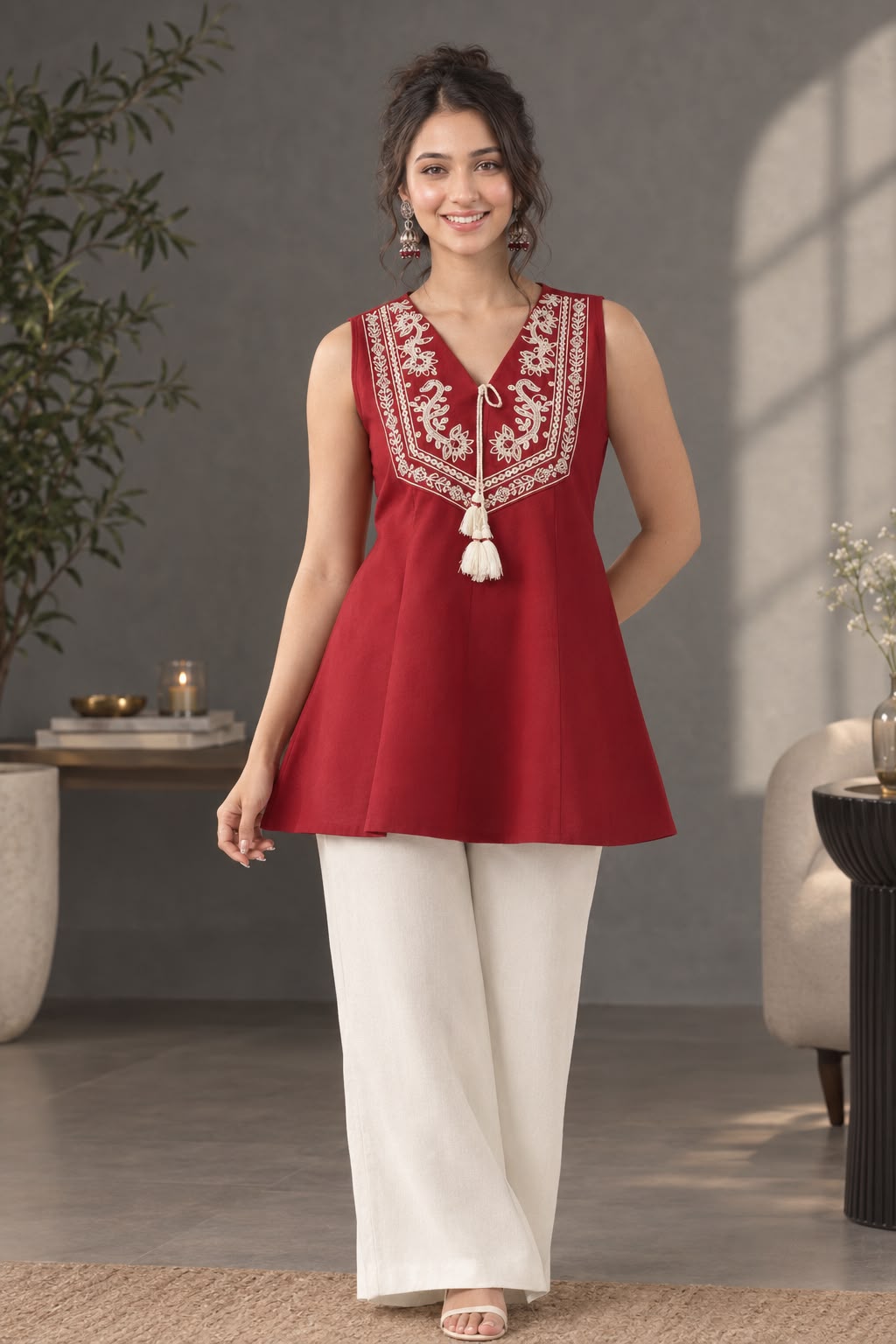 Women's Embroidered Sleeveless Ethnic Tunic Top