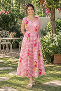 Pink Floral Gingham V-Neck Fit & Flare Maxi Dress for Women