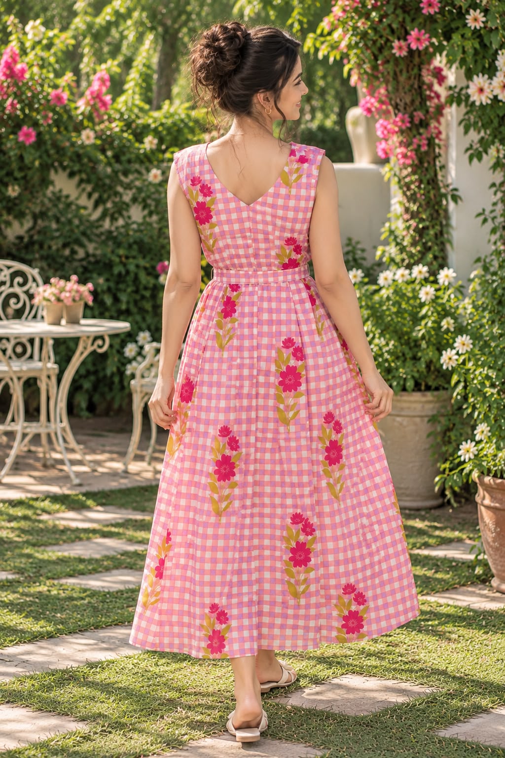 Pink Floral Gingham V-Neck Fit & Flare Maxi Dress for Women