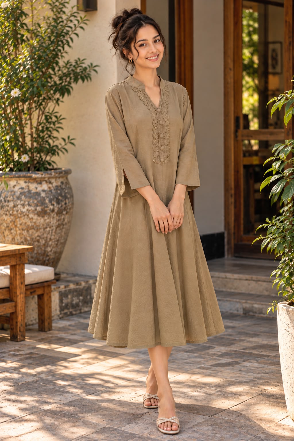 Women’s Embroidered A-Line Midi Dress – Elegant Flared Dress with 3/4 Sleeves