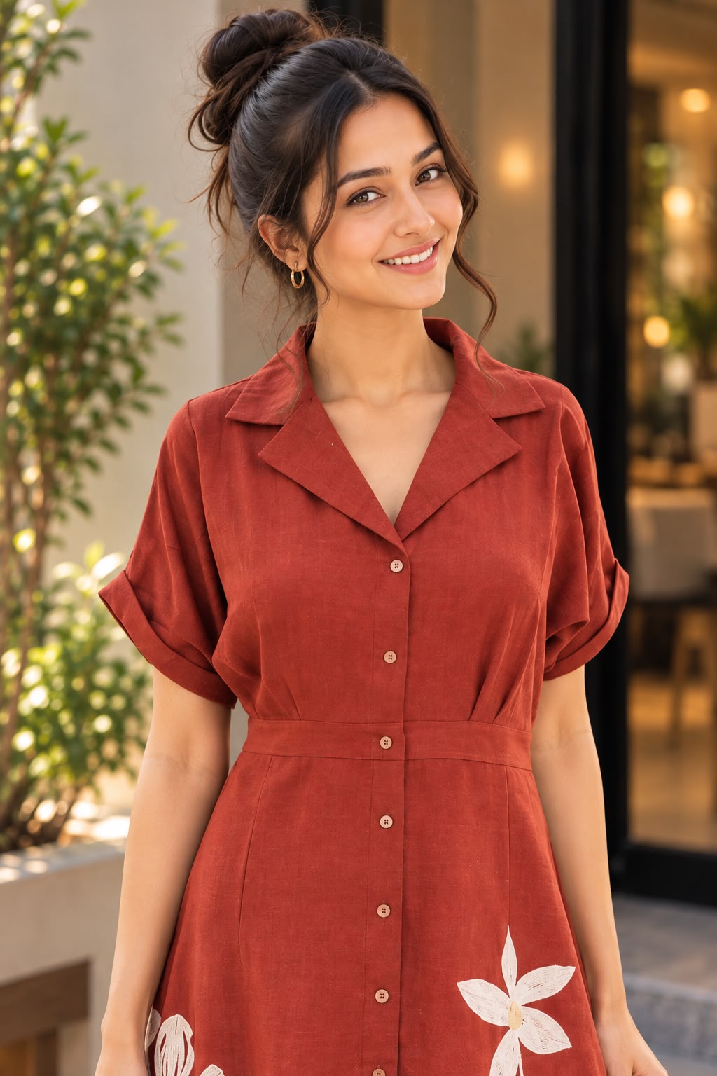 Women's Floral Print Shirt Dress with Rolled Sleeves