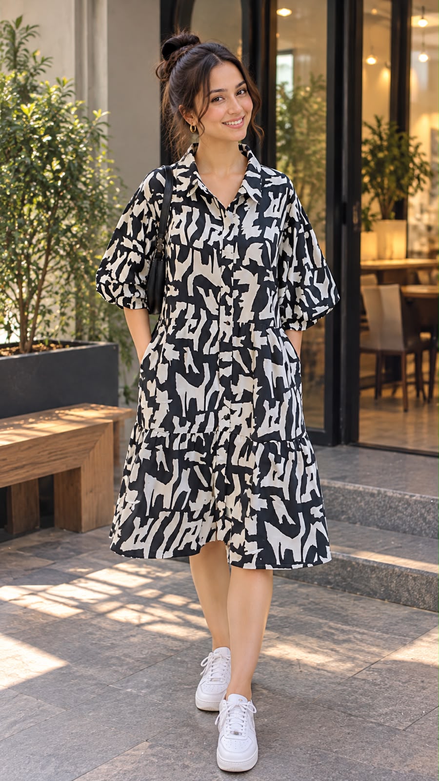 Women's Abstract Print Shirt Dress with Puff Sleeves
