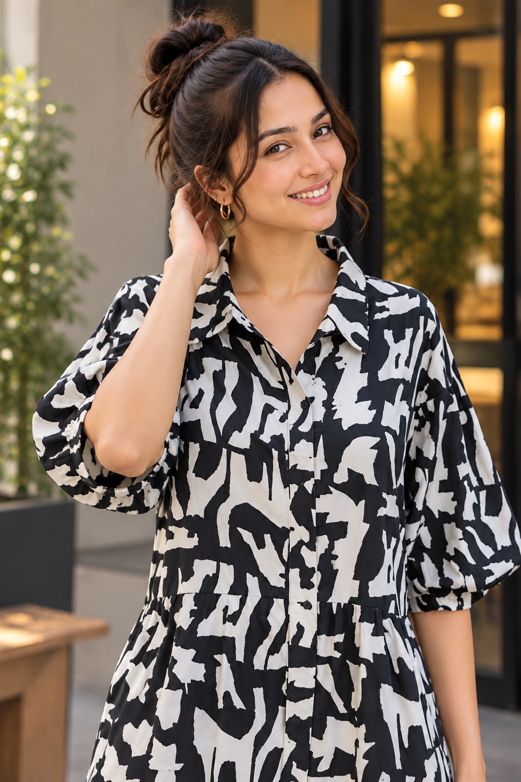 Women's Abstract Print Shirt Dress with Puff Sleeves