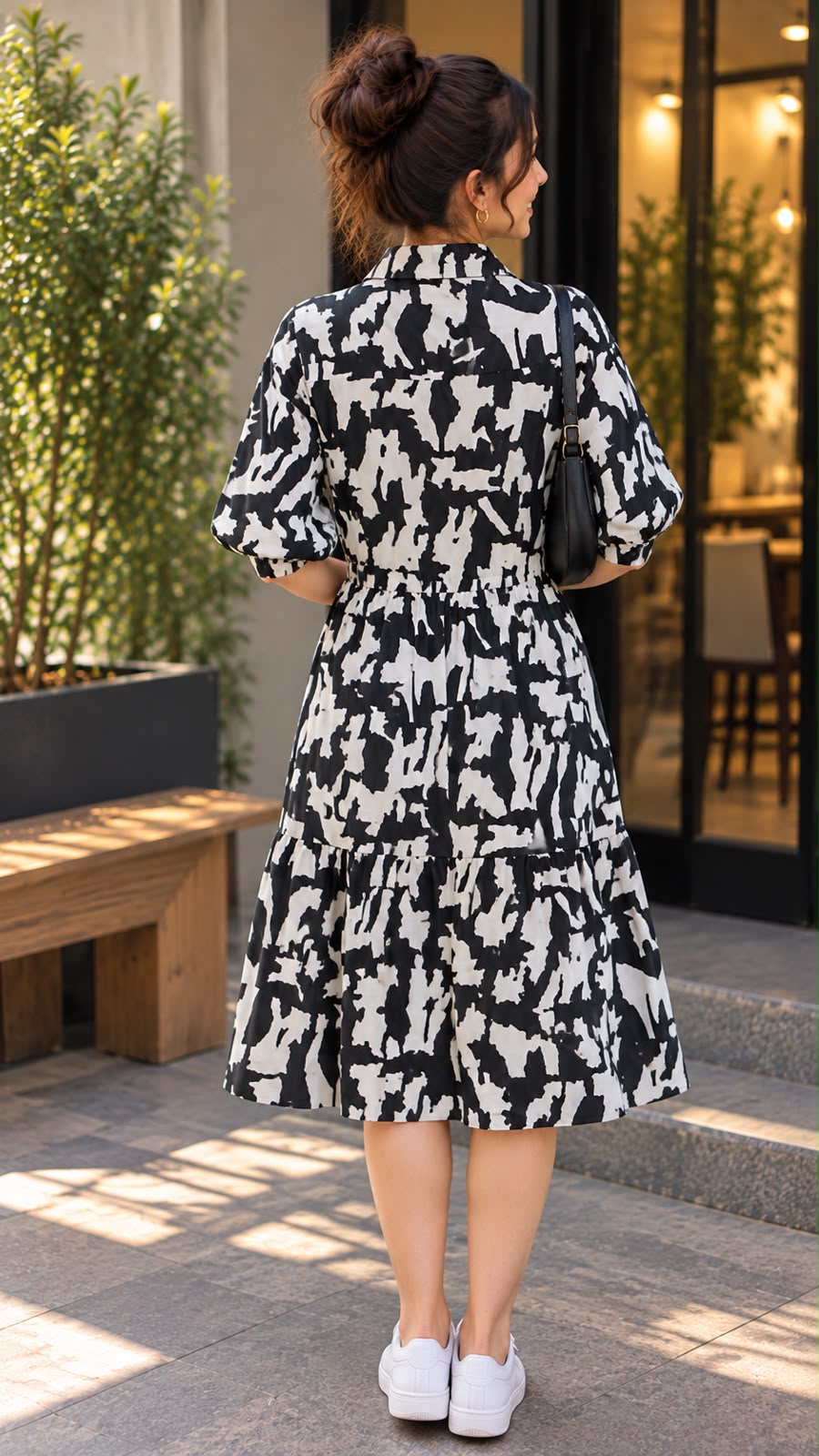 Women's Abstract Print Shirt Dress with Puff Sleeves