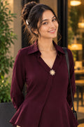 Women’s Elegant Collared Blouse with Decorative Brooch – Stylish Flared Sleeve Top