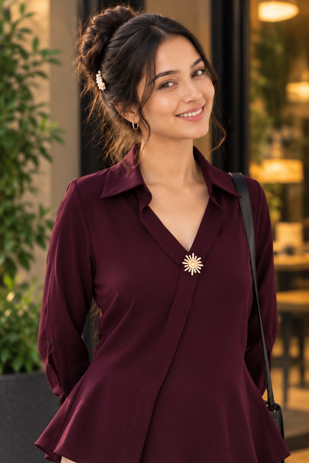 Women’s Elegant Collared Blouse with Decorative Brooch – Stylish Flared Sleeve Top