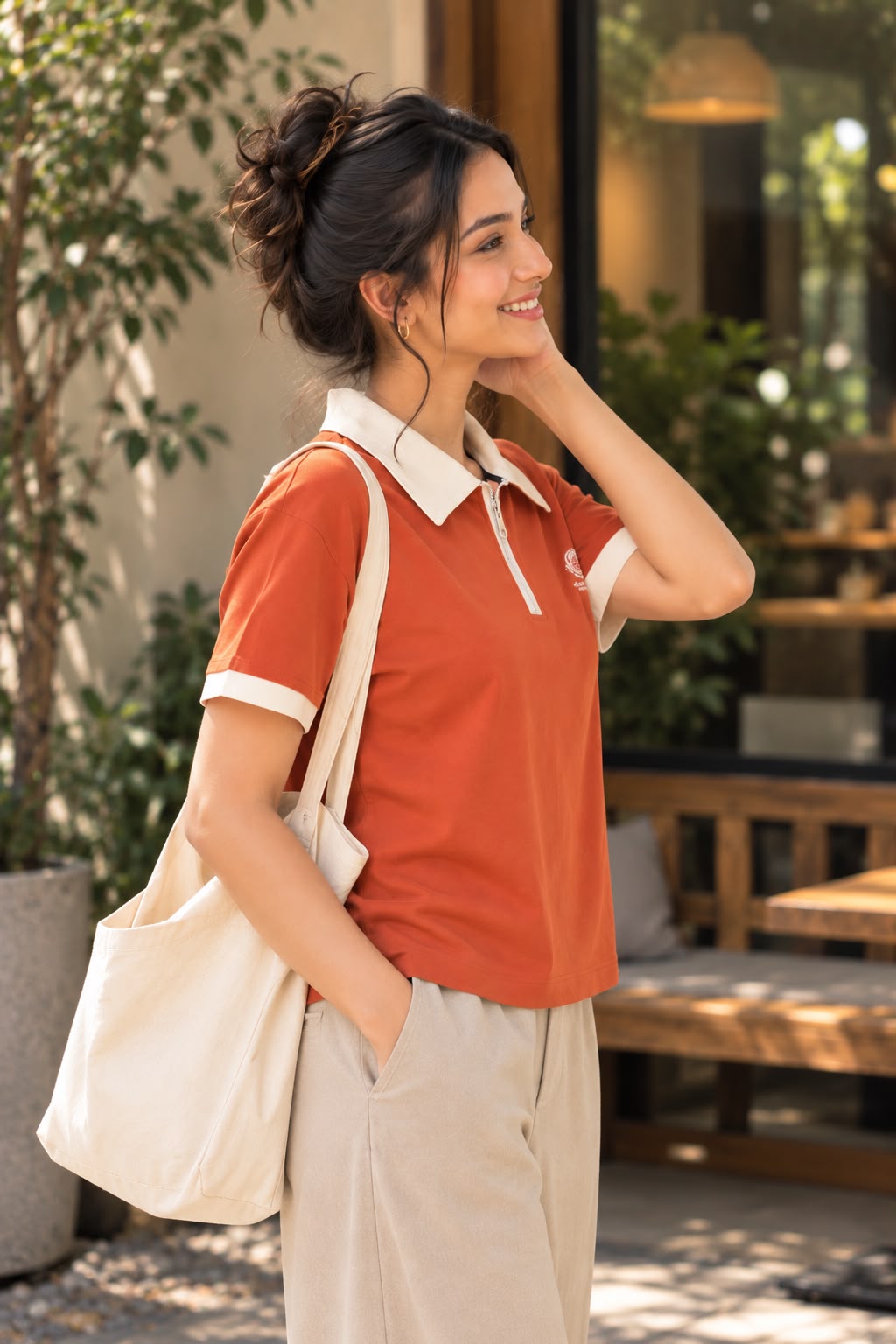 Women's Casual Half-Sleeve Polo T-Shirt with Zip Neck