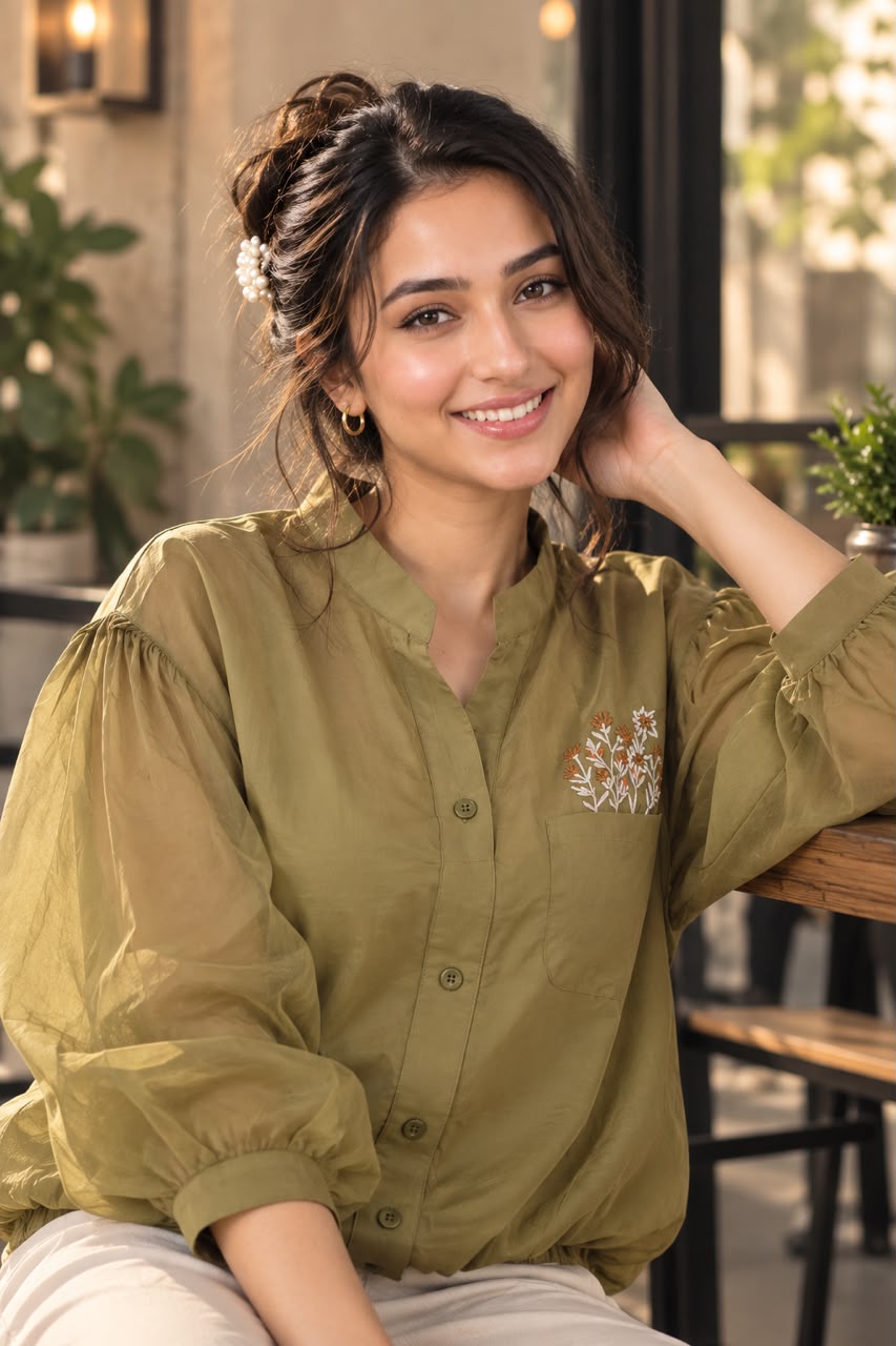 Woman wearing an embroidered women's shirt with sheer puff sleeves and a button-down front