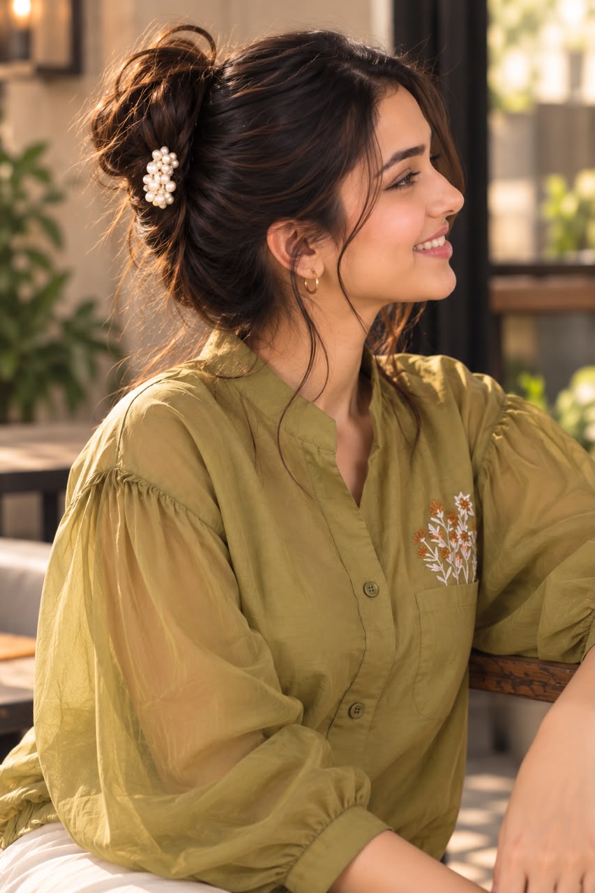 Woman wearing an embroidered women's shirt with sheer puff sleeves and a button-down front