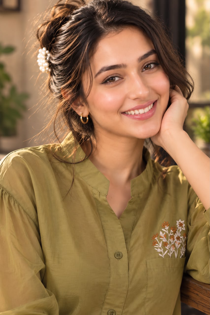 Woman wearing an embroidered women's shirt with sheer puff sleeves and a button-down front