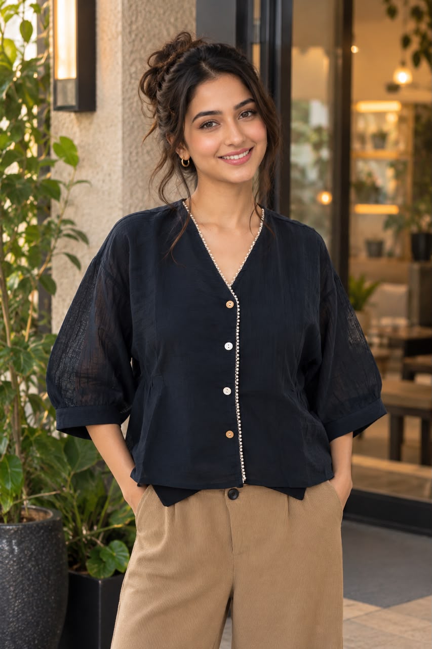 Woman wearing a pearl-trim V-neck top with puff sleeves.