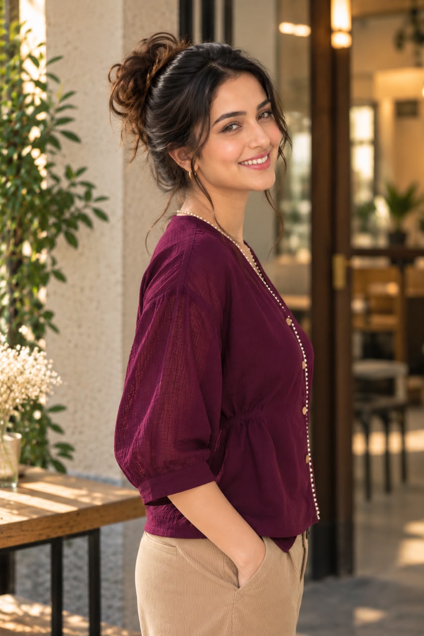Woman wearing a pearl-trim V-neck top with puff sleeves.