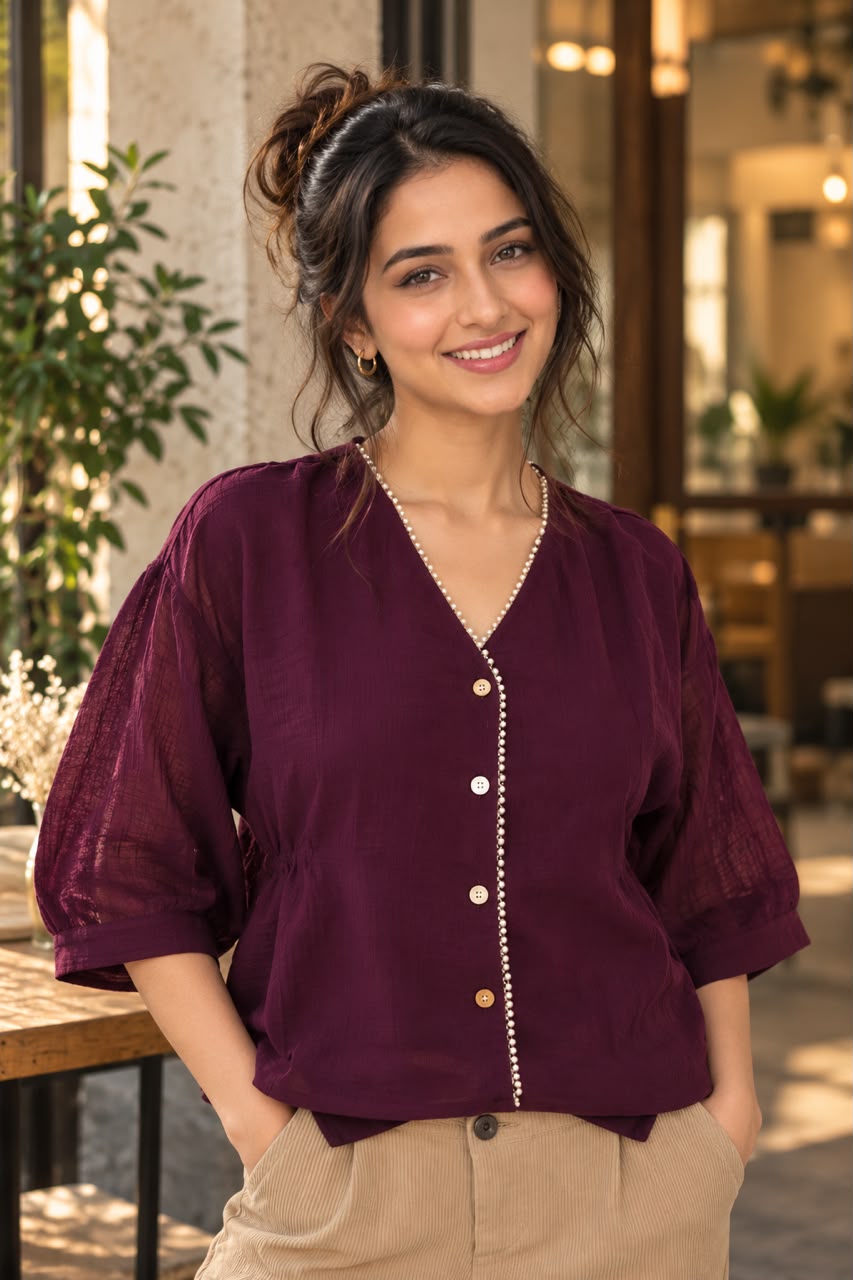 Woman wearing a pearl-trim V-neck top with puff sleeves.