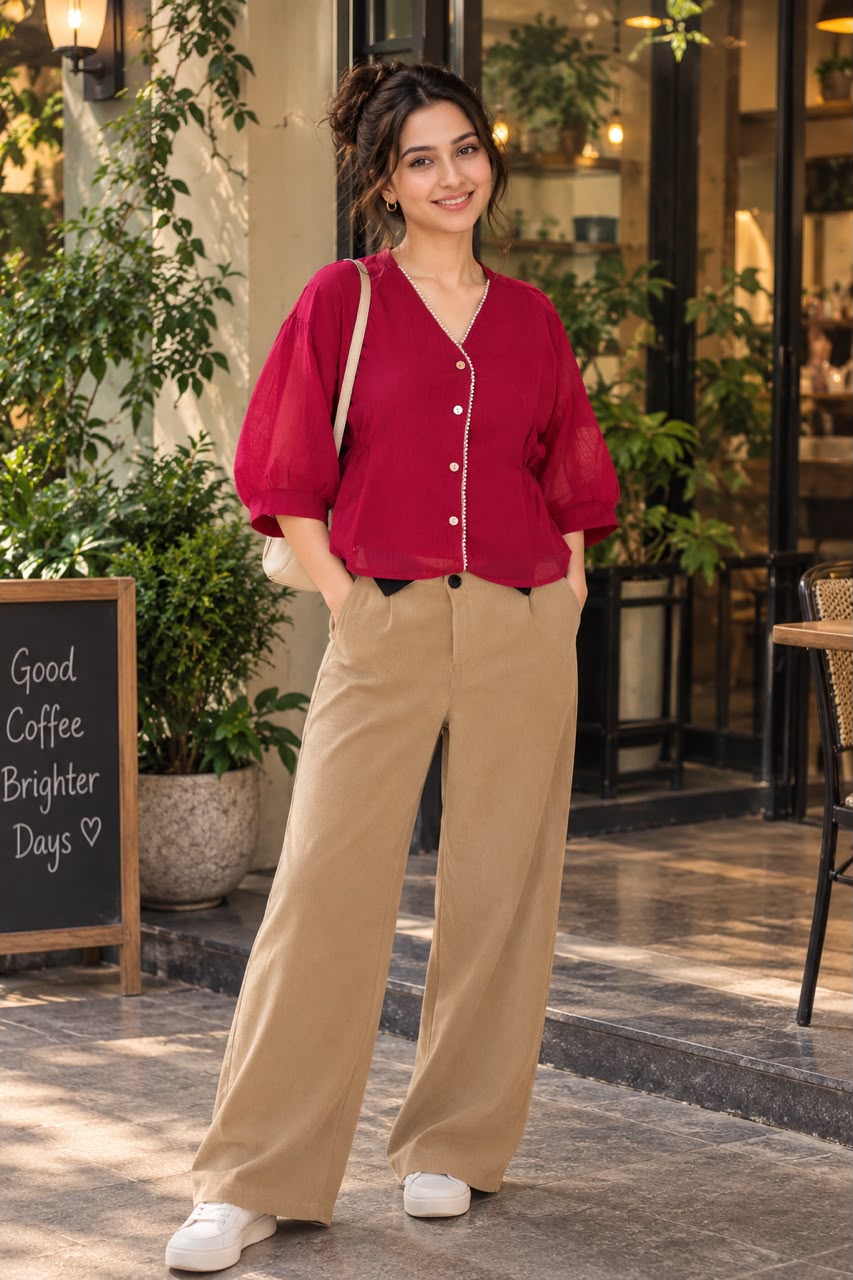 Woman wearing a pearl-trim V-neck top with puff sleeves.