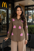 Heart Patch Oversized Casual Shirt - Brown