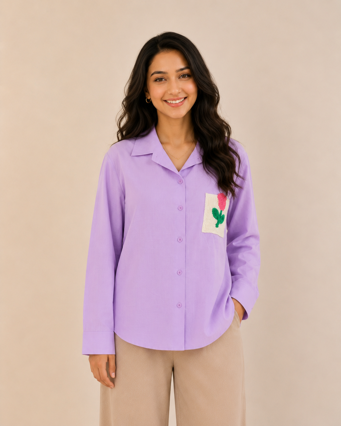 Floral Patch Pocket Casual Shirt - purple
