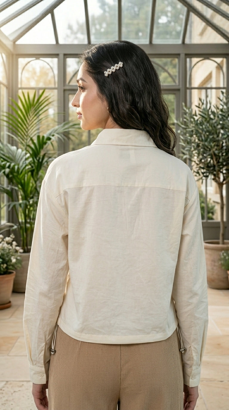 Ivory Blossom Embroidered Crop Shirt -Beige