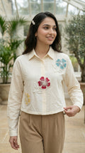 Ivory Blossom Embroidered Crop Shirt -Beige