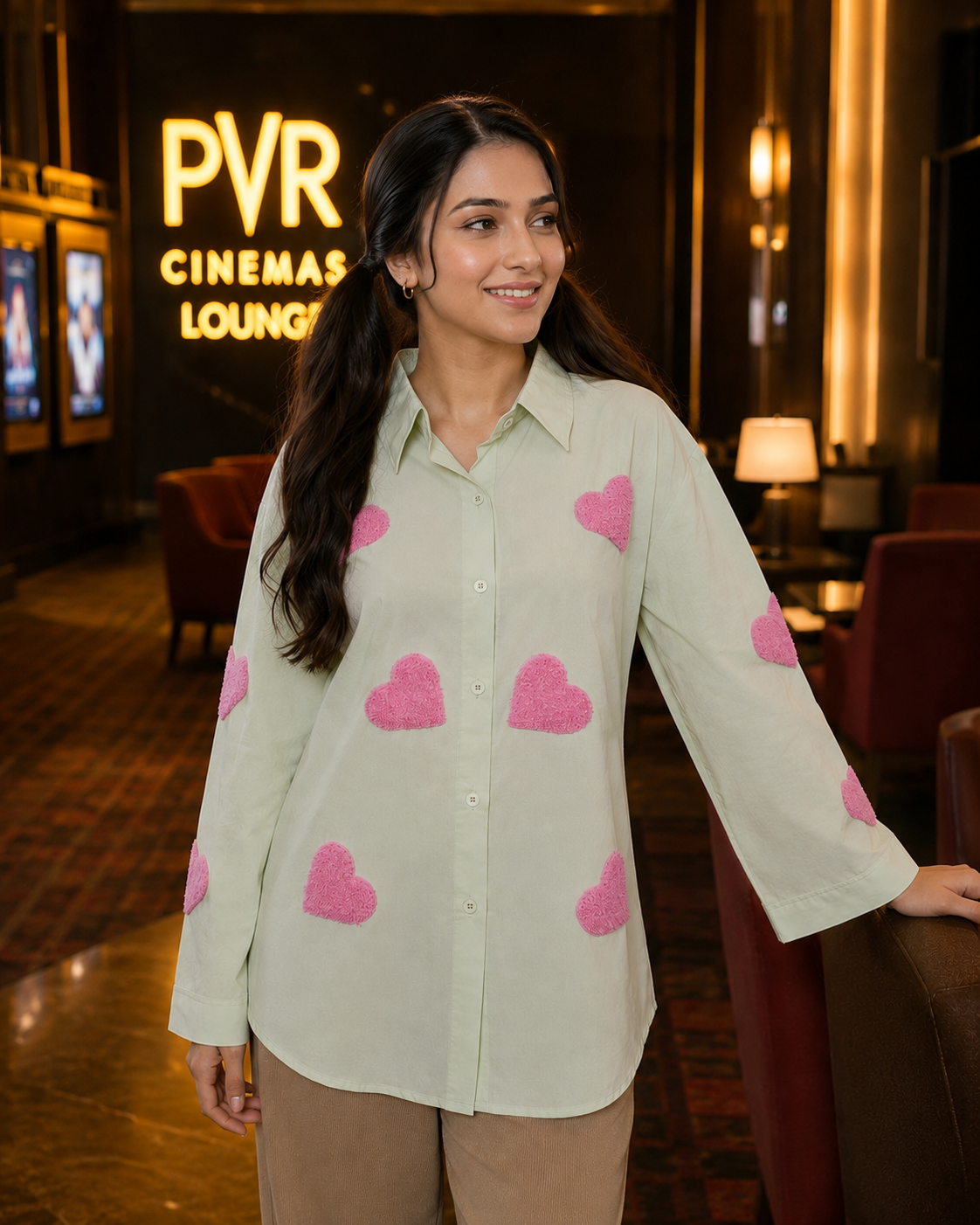 Heart Patch Oversized Casual Shirt - Green