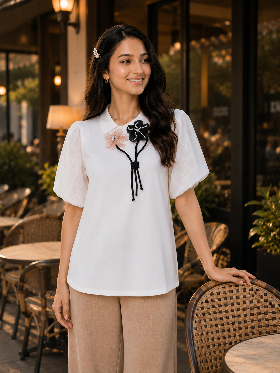 Floral Appliqué Puff Sleeve Top