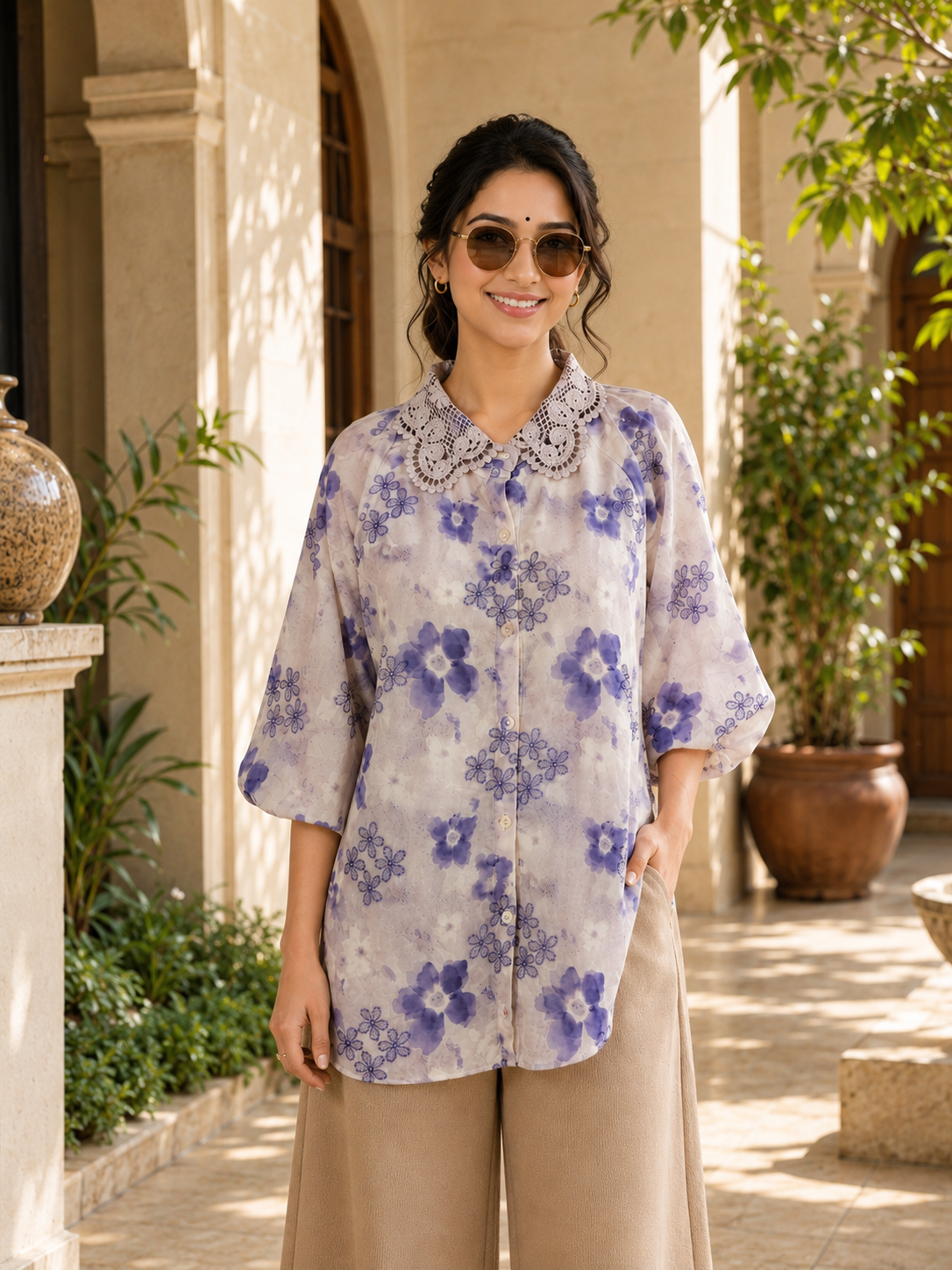 Bloom Lace Collar Shirt - purple