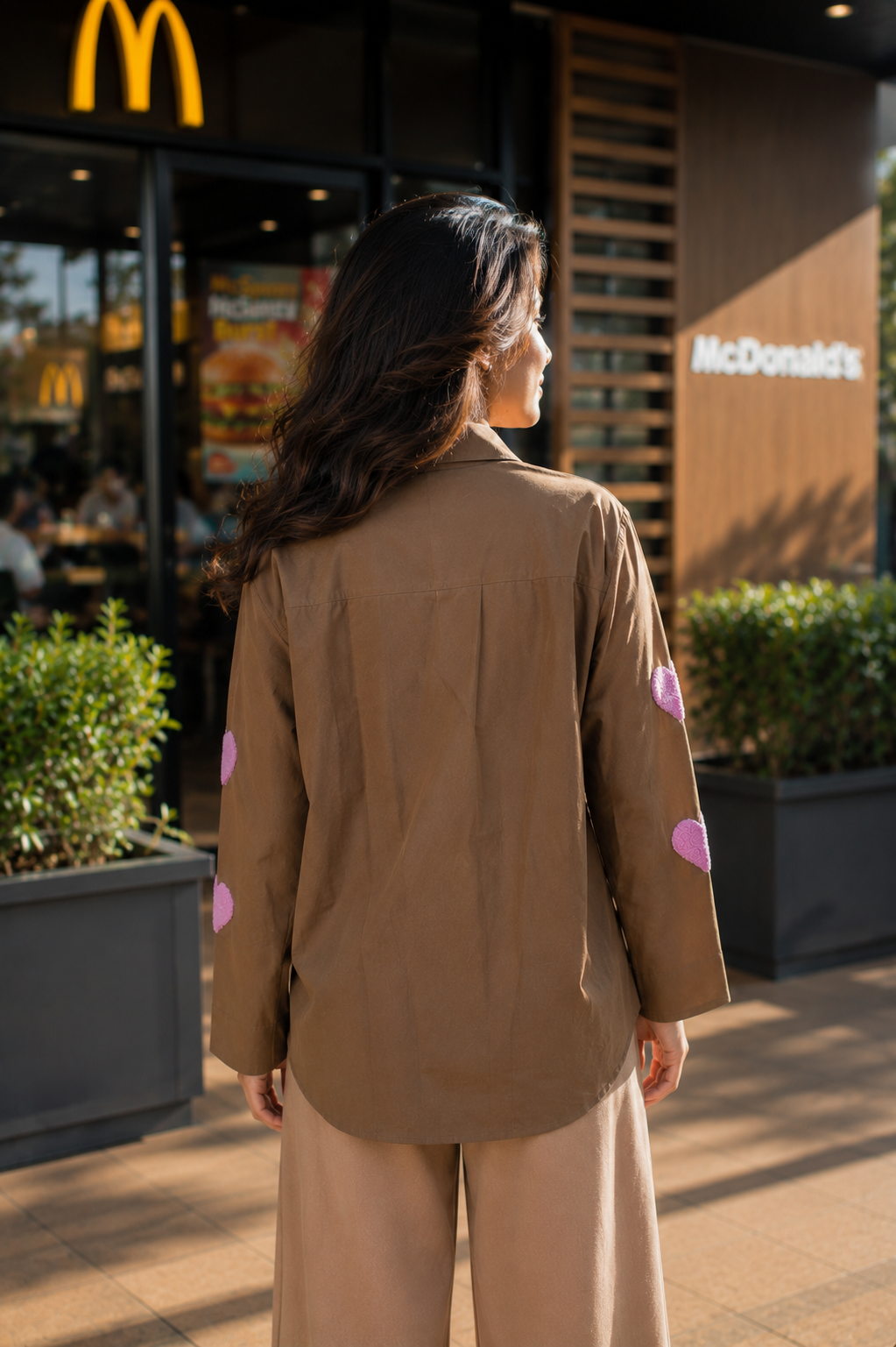 Heart Patch Oversized Casual Shirt - Brown